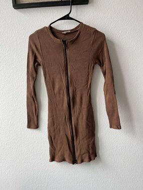 Ribbed Zip Up Long Sleeve Mini/Mid Length Dress in Brown, Junie by Noctex